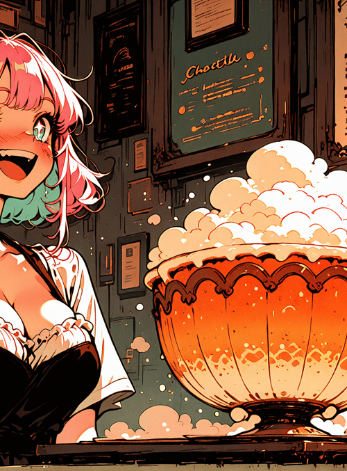 girl, bar, cup, bottle, menu, clock, barista, foam, shelves, apron