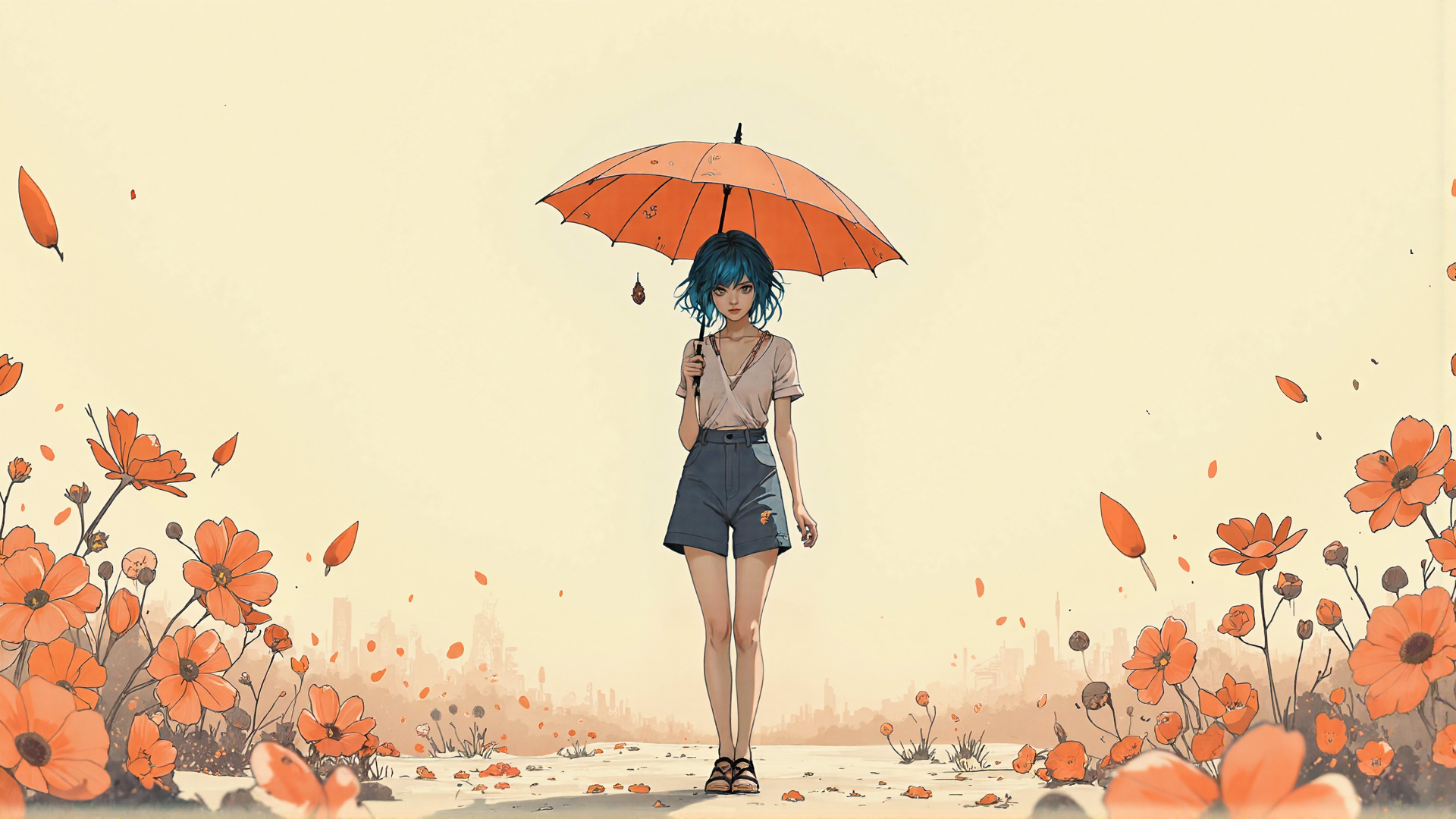 AI generated wallpaper featuring girl, umbrella, flowers, cityscape