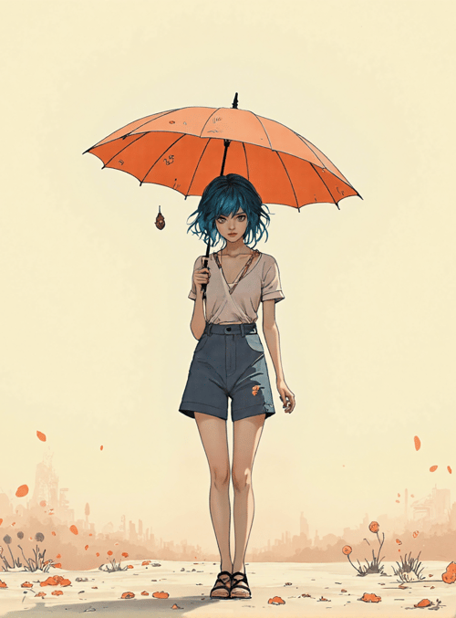 girl, umbrella, flowers, cityscape