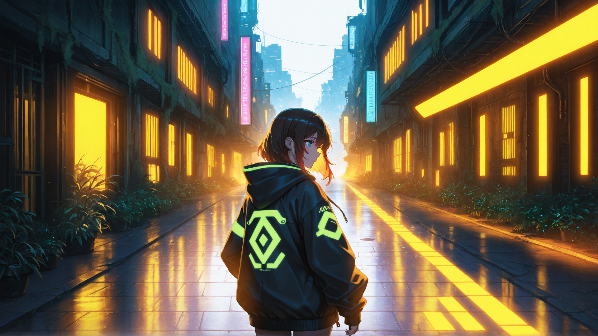 AI generated wallpaper featuring girl, street, city