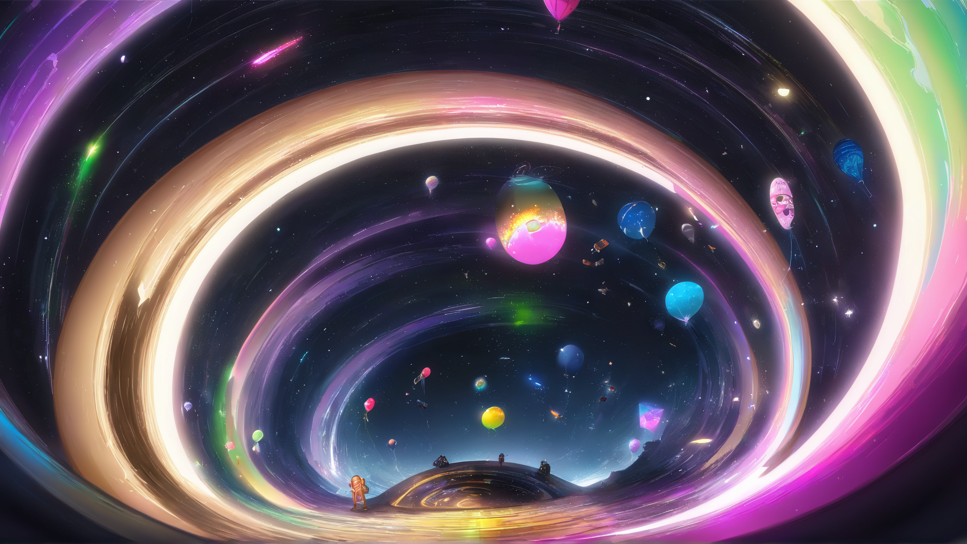 AI generated wallpaper featuring balloons, planets, space
