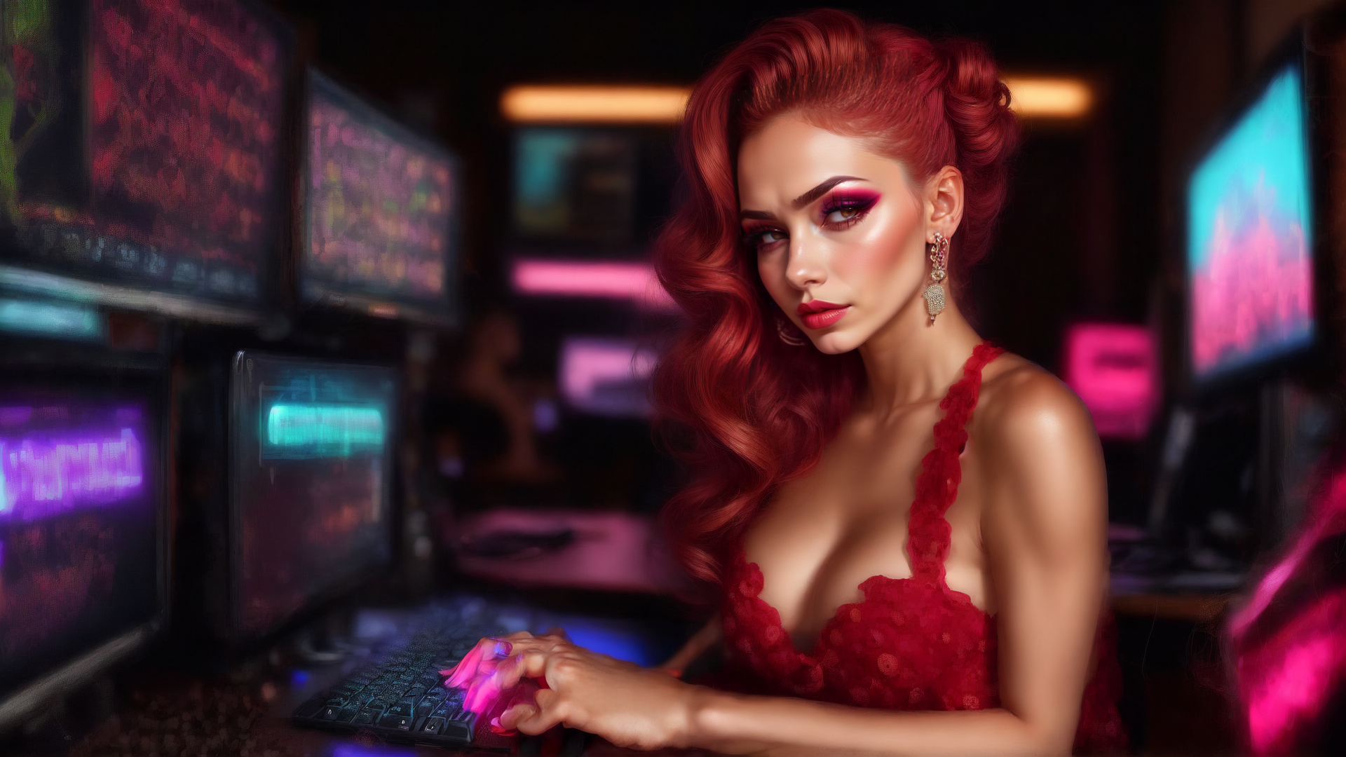 AI generated wallpaper featuring woman, gamer, monitor
