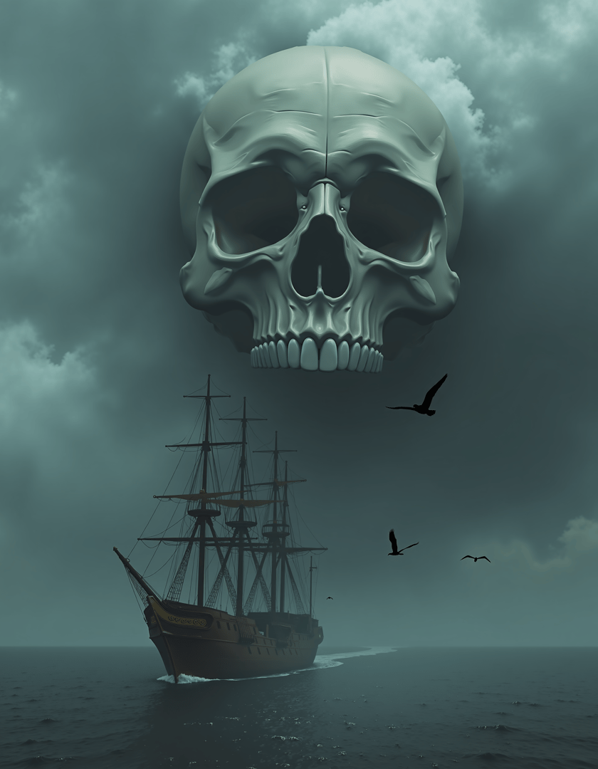 AI generated wallpaper featuring skull, ship, birds