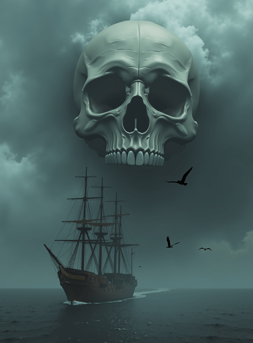 skull, ship, birds