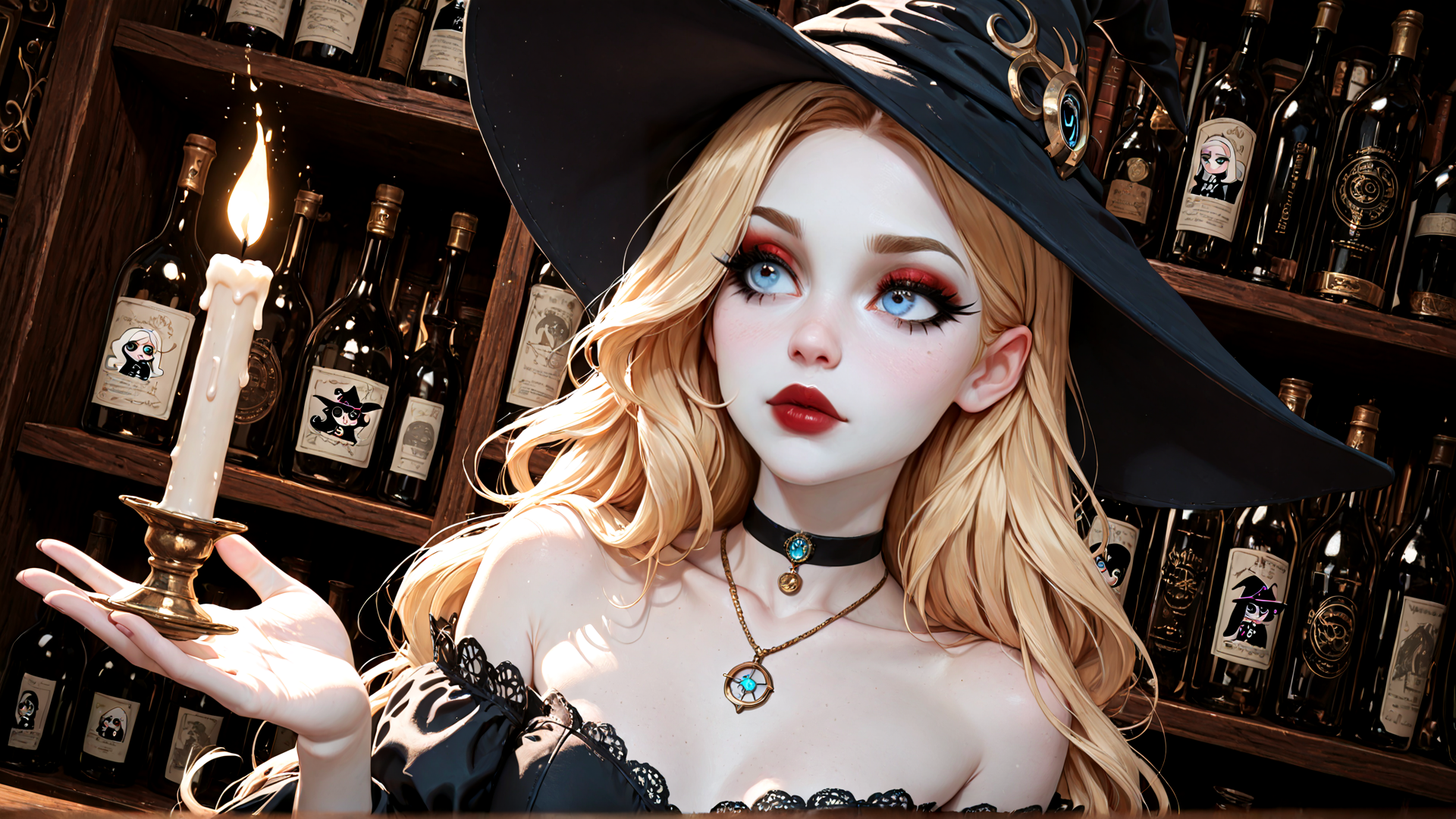 AI generated wallpaper featuring witch, candle, bottle, hat, choker, necklace, blonde hair, bookshelf