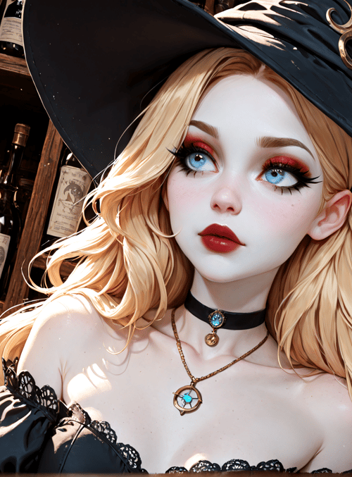 witch, candle, bottle, hat, choker, necklace, blonde hair, bookshelf