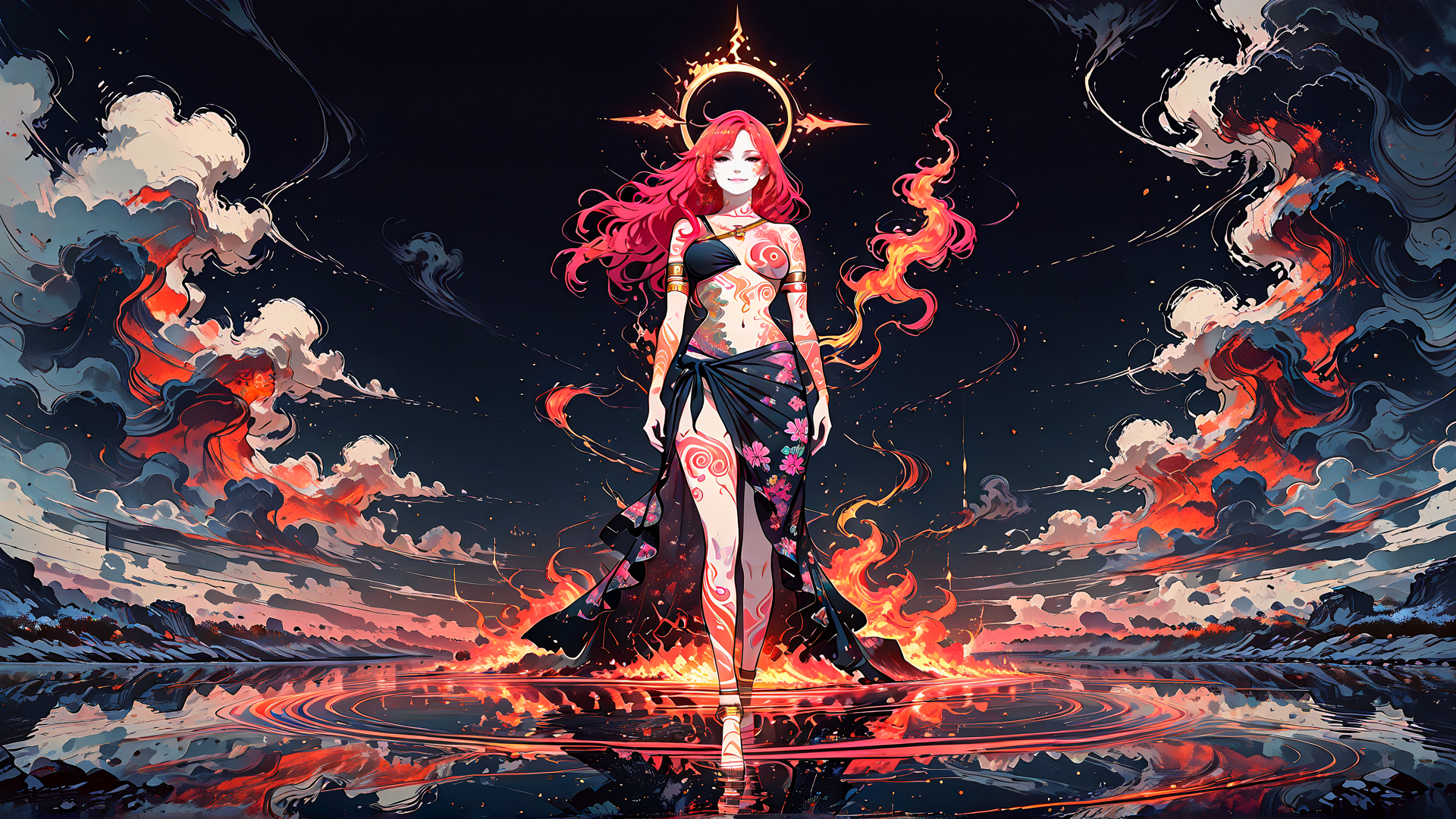 AI generated wallpaper featuring woman, goddess, fire, clouds, water