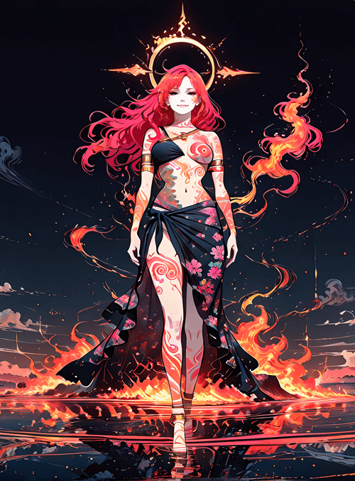 woman, goddess, fire, clouds, water