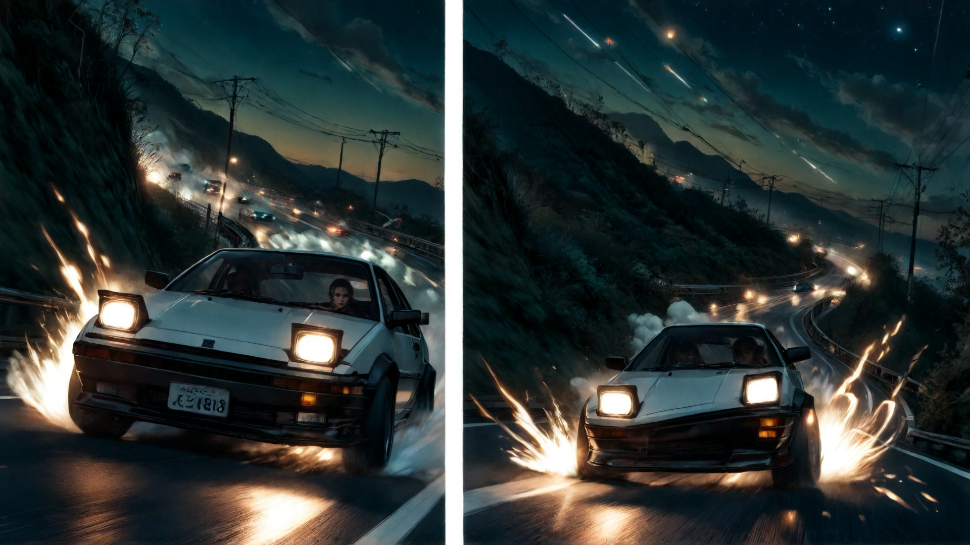 AI generated wallpaper featuring car, road, fire, sky, mountain, power line, smoke, headlight, license plate, driver