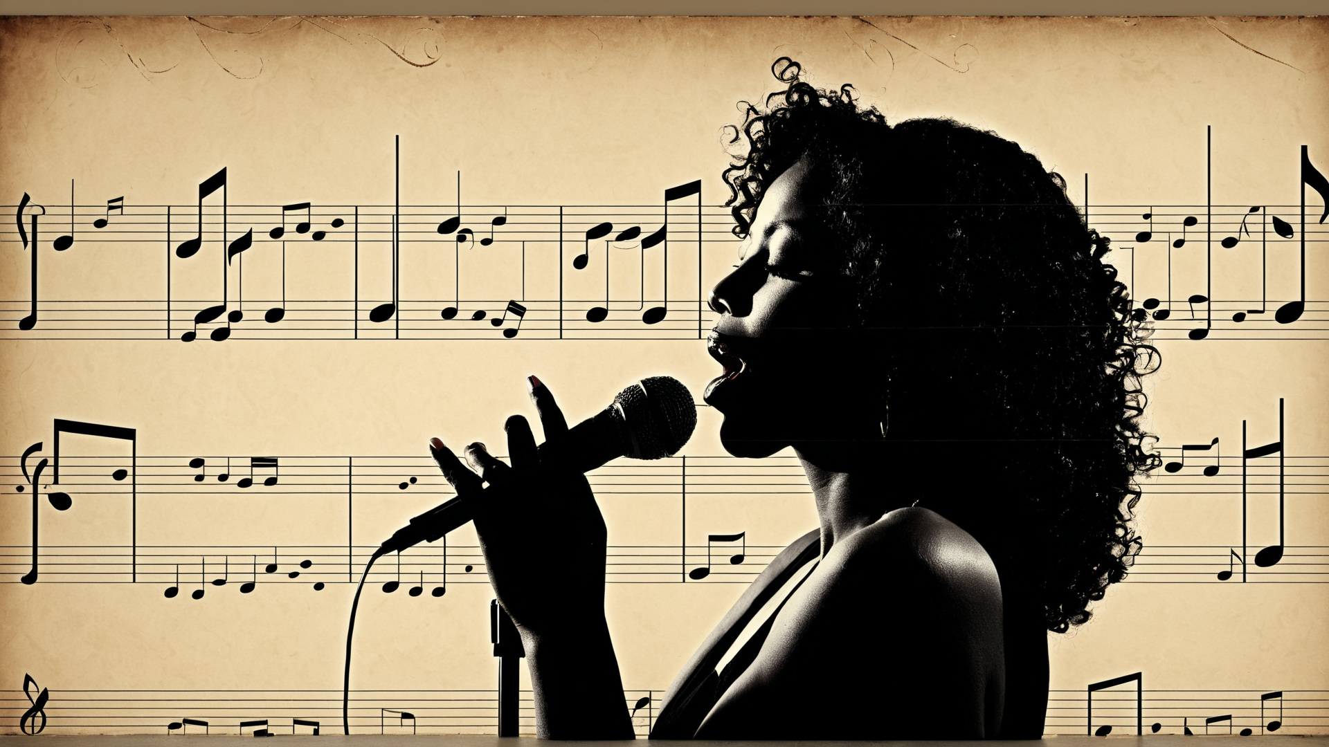 AI generated wallpaper featuring singer, microphone, music notes, silhouette, curly hair