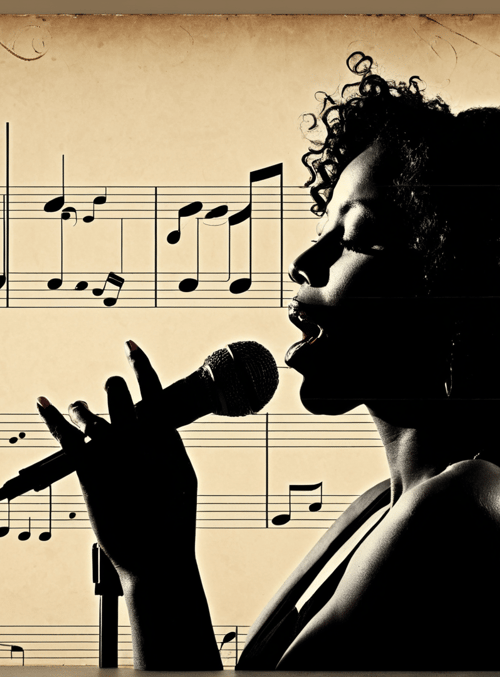singer, microphone, music notes, silhouette, curly hair