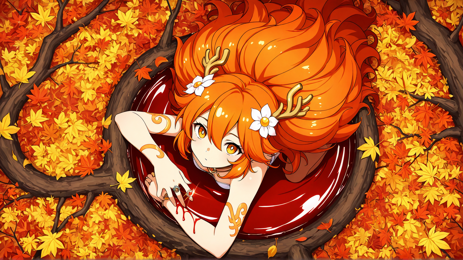 AI generated wallpaper featuring girl, deer antlers, maple leaves, red liquid, tree