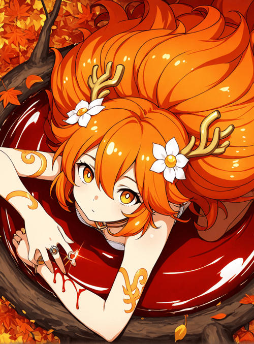 girl, deer antlers, maple leaves, red liquid, tree