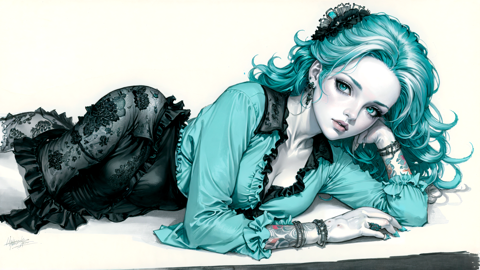 AI generated wallpaper featuring woman, lady, gothic, vampire, tattoo, hair, dress, jewelry, bracelet, earring