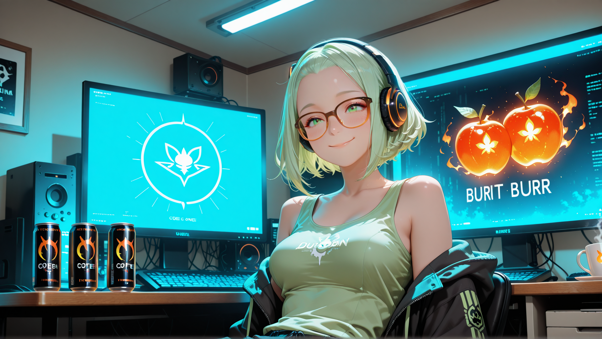 AI generated wallpaper featuring girl, headphones, monitor, computer, apples, can, desk, glasses, jacket, cup