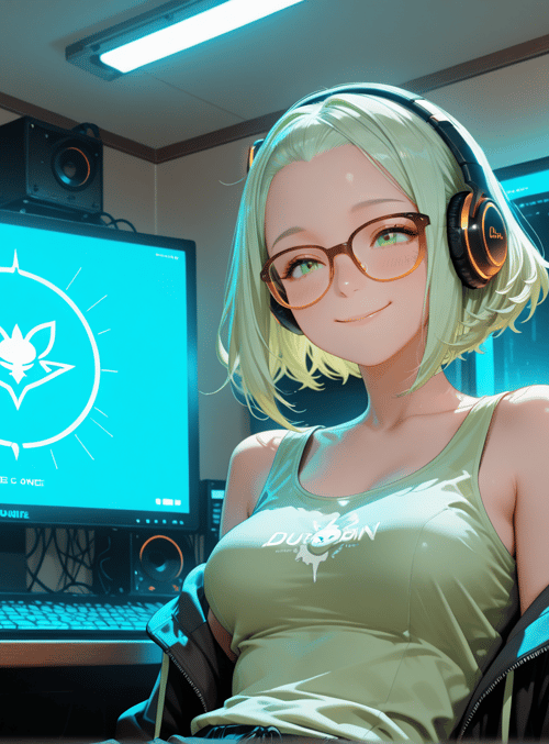 girl, headphones, monitor, computer, apples, can, desk, glasses, jacket, cup