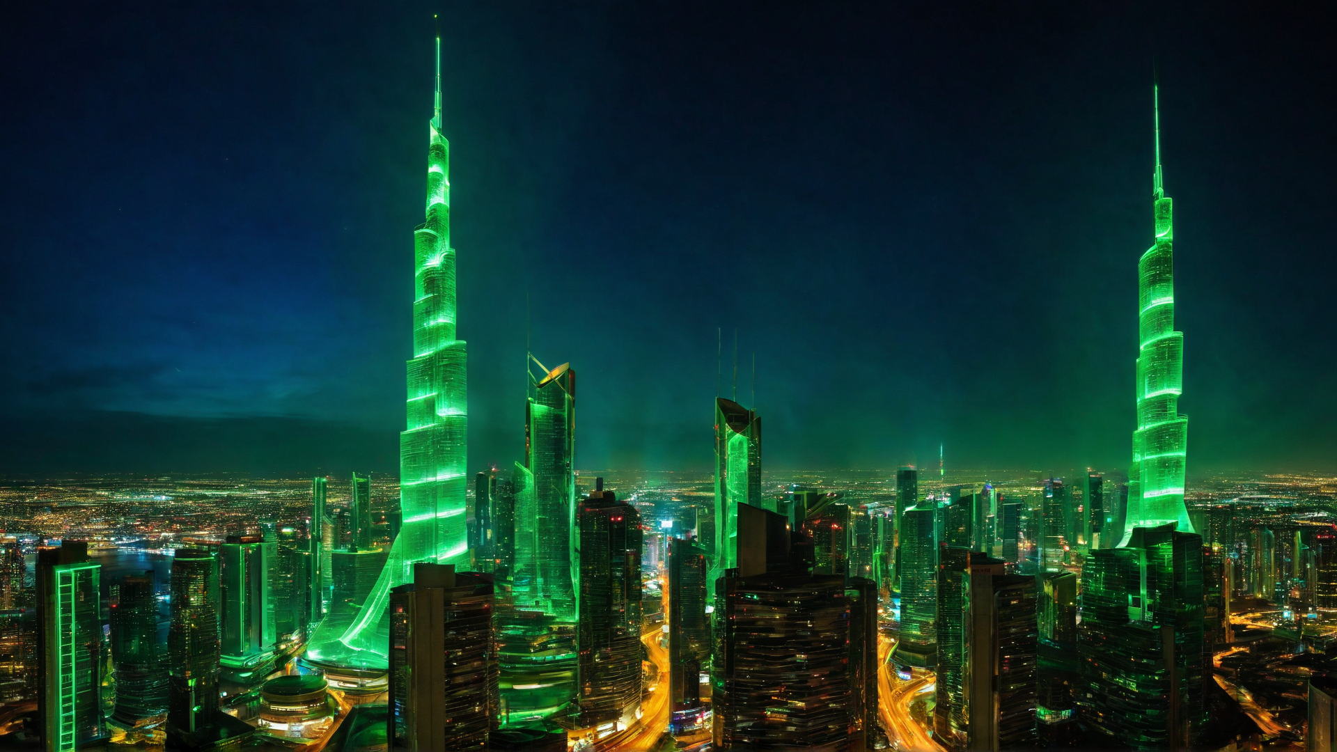 AI generated wallpaper featuring skyscrapers, cityscape, night