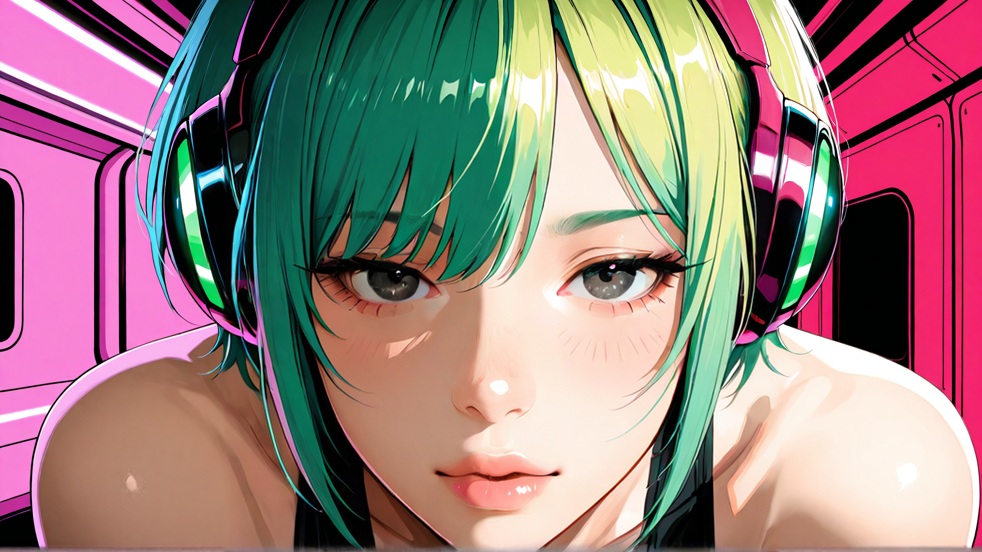 AI generated wallpaper featuring anime girl, headphones, train