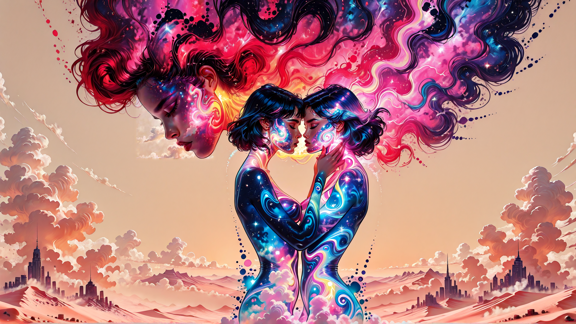 AI generated wallpaper featuring women, galaxy, cityscape, clouds, hugs