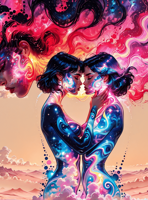 women, galaxy, cityscape, clouds, hugs