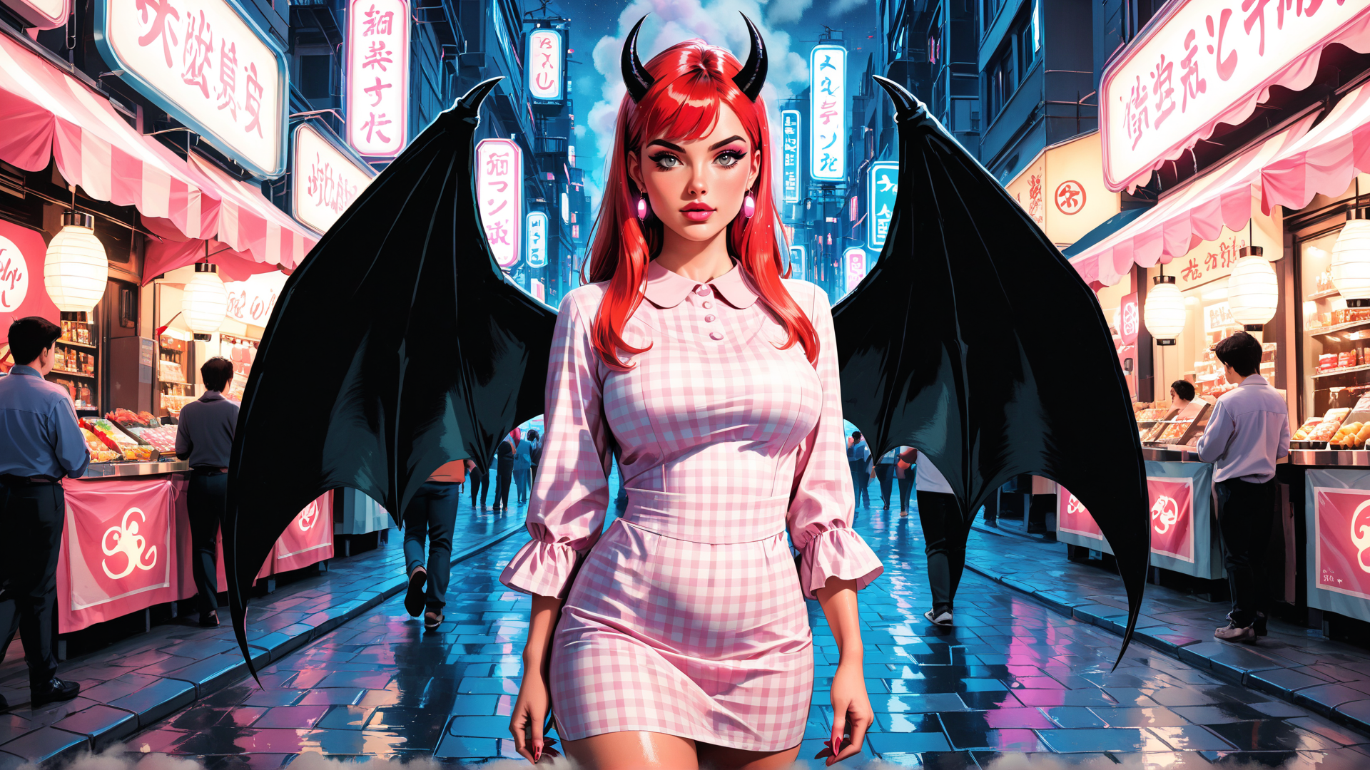 AI generated wallpaper featuring woman, devil, demon, demon wings, red hair, dress, street market