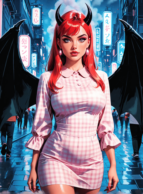 woman, devil, demon, demon wings, red hair, dress, street market