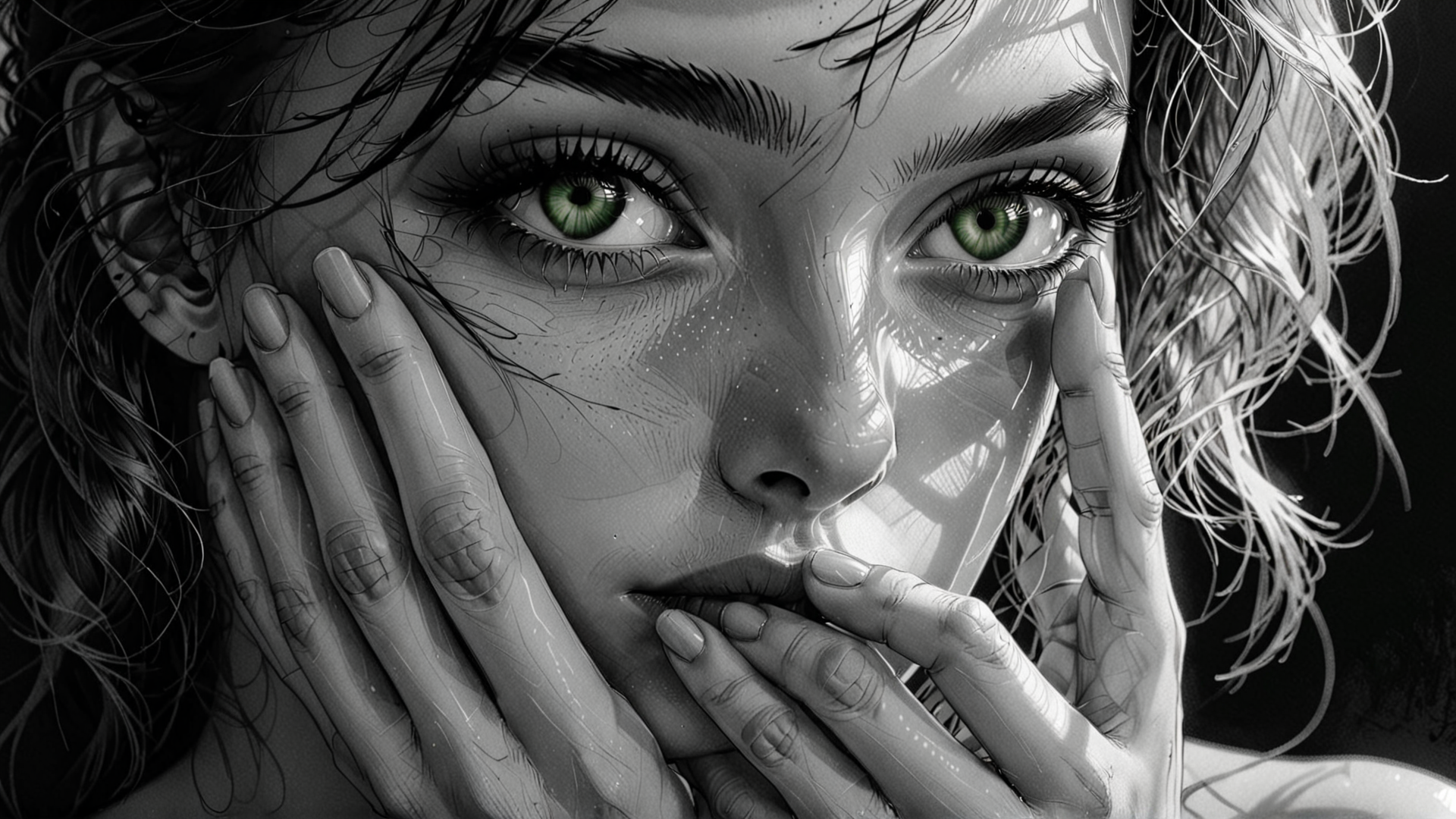 AI generated wallpaper featuring face, hands, eyes, hair