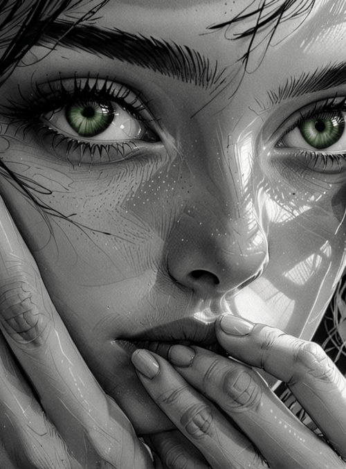 face, hands, eyes, hair