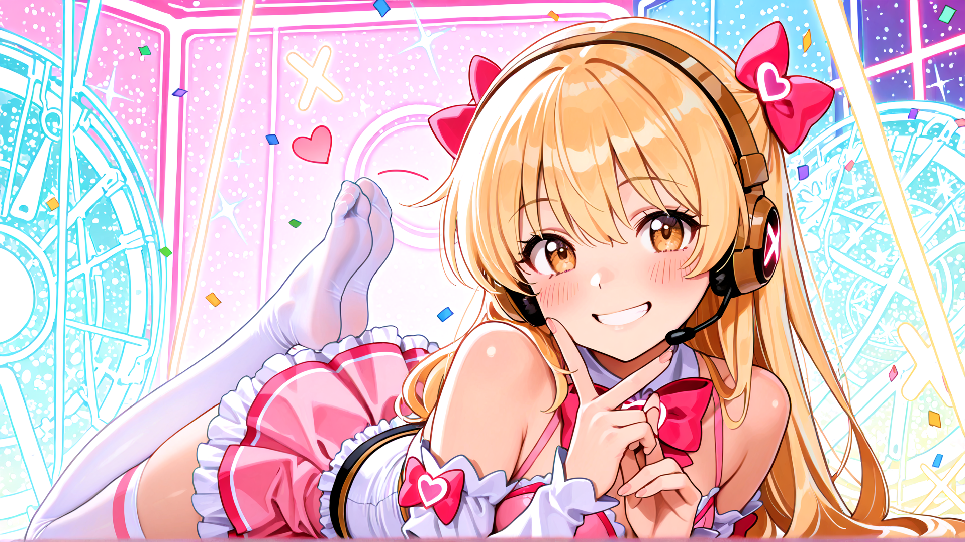 AI generated wallpaper featuring anime girl, headphones, gloves, bow, futuristic background, confetti, dress, heels, sweater, earphones