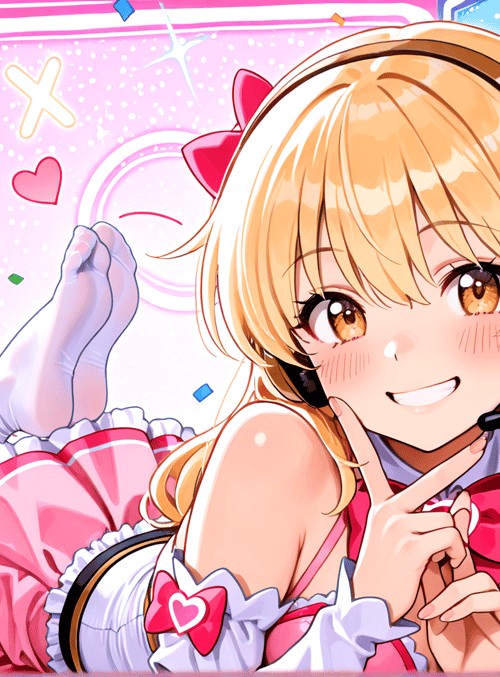 anime girl, headphones, gloves, bow, futuristic background, confetti, dress, heels, sweater, earphones