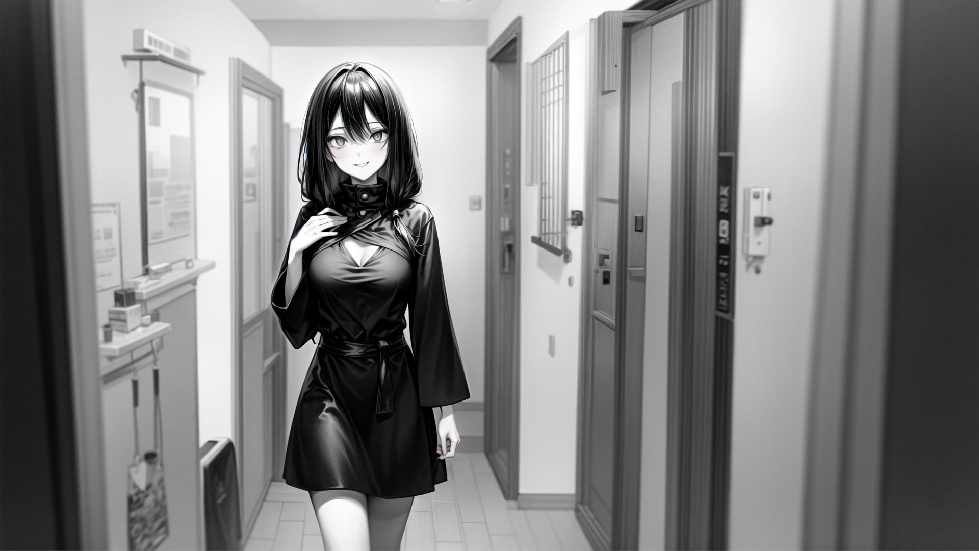 AI generated wallpaper featuring anime girl, hospital corridor