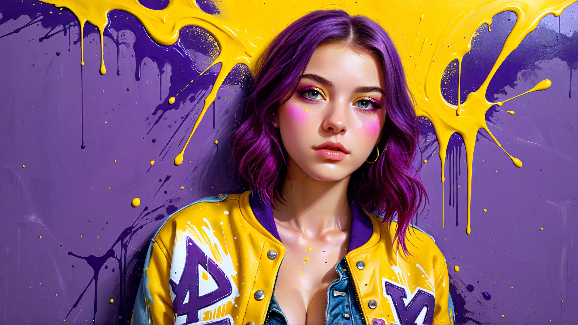 AI generated wallpaper featuring woman, jacket, paint, hair