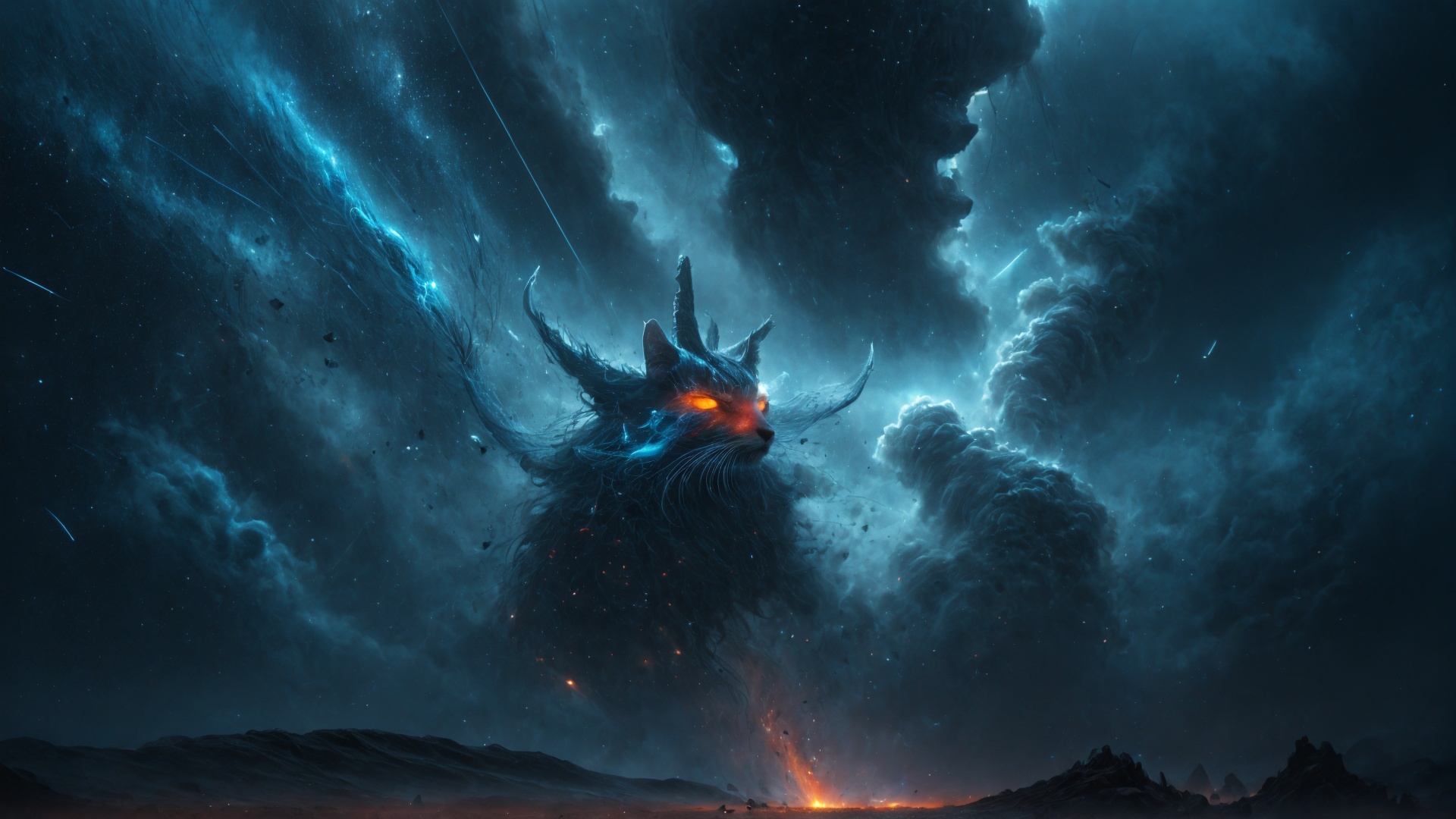 AI generated wallpaper featuring cat, monster, nebula, clouds, stars