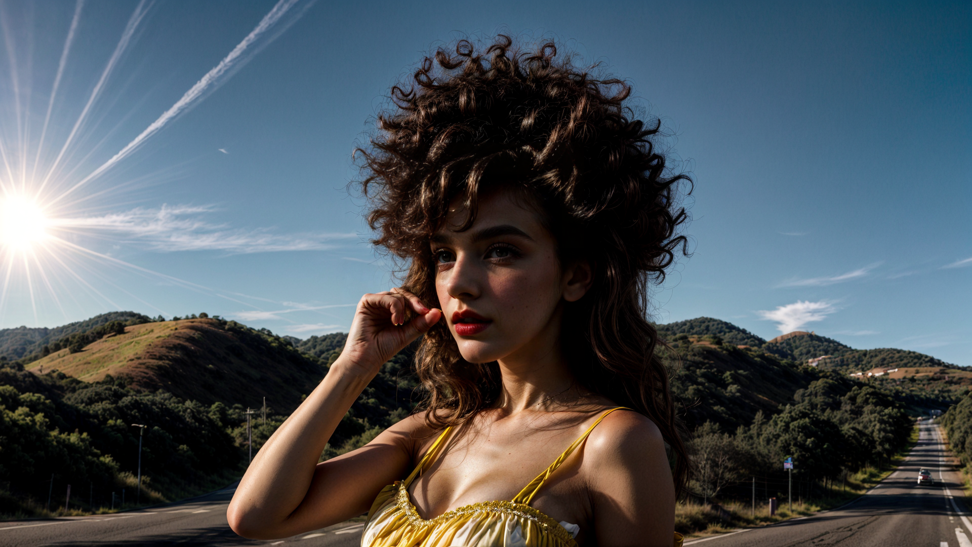 AI generated wallpaper featuring woman, landscape, road