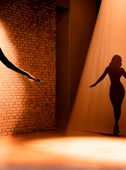 silhouette, woman, brick wall, light beam, high heels, mirror