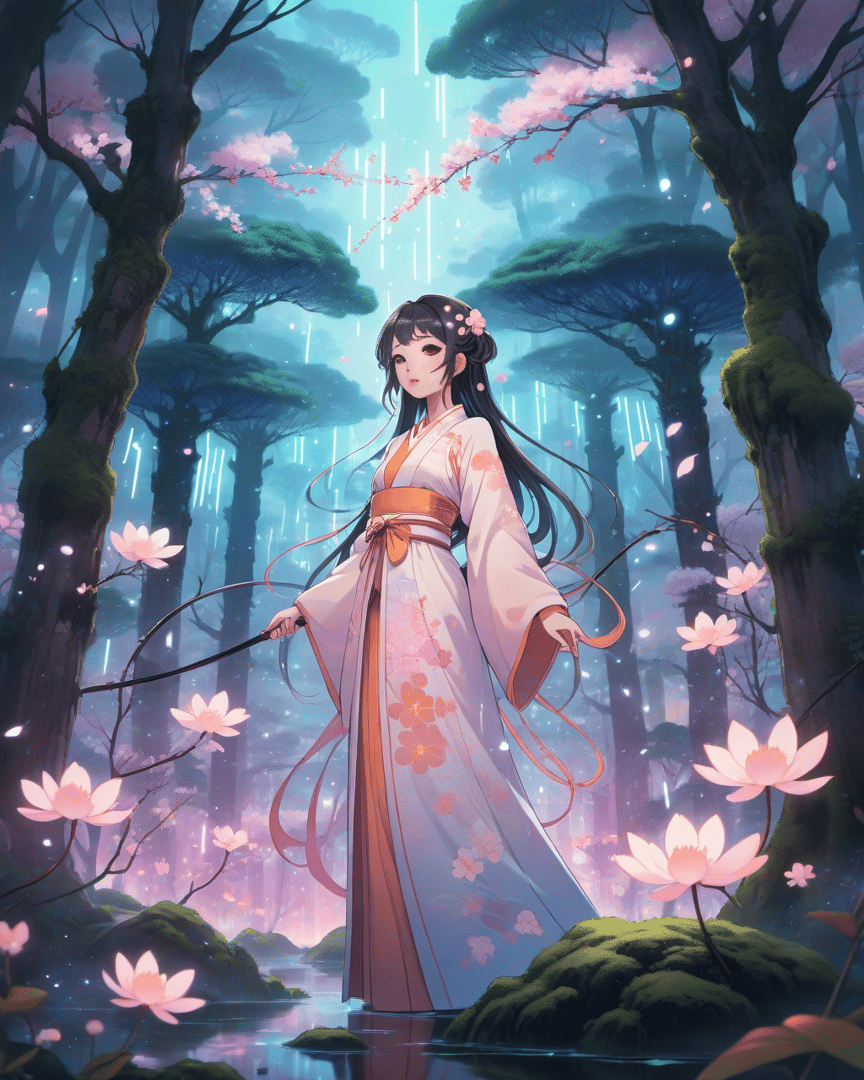 AI generated wallpaper featuring woman, lotus, tree