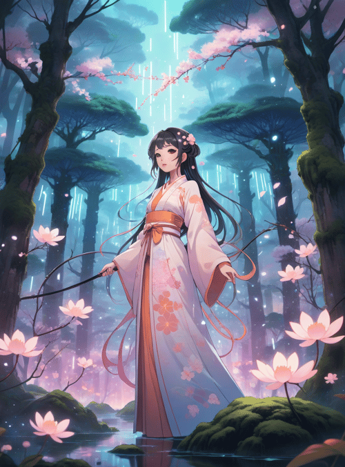 woman, lotus, tree