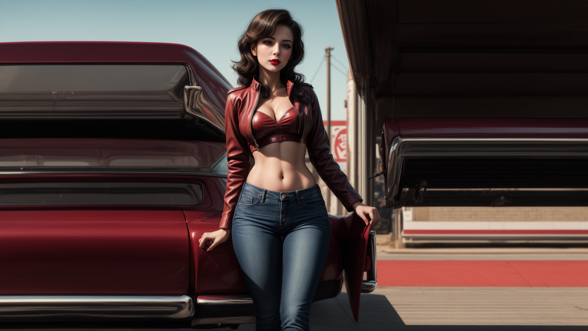 AI generated wallpaper featuring woman, car, gas station