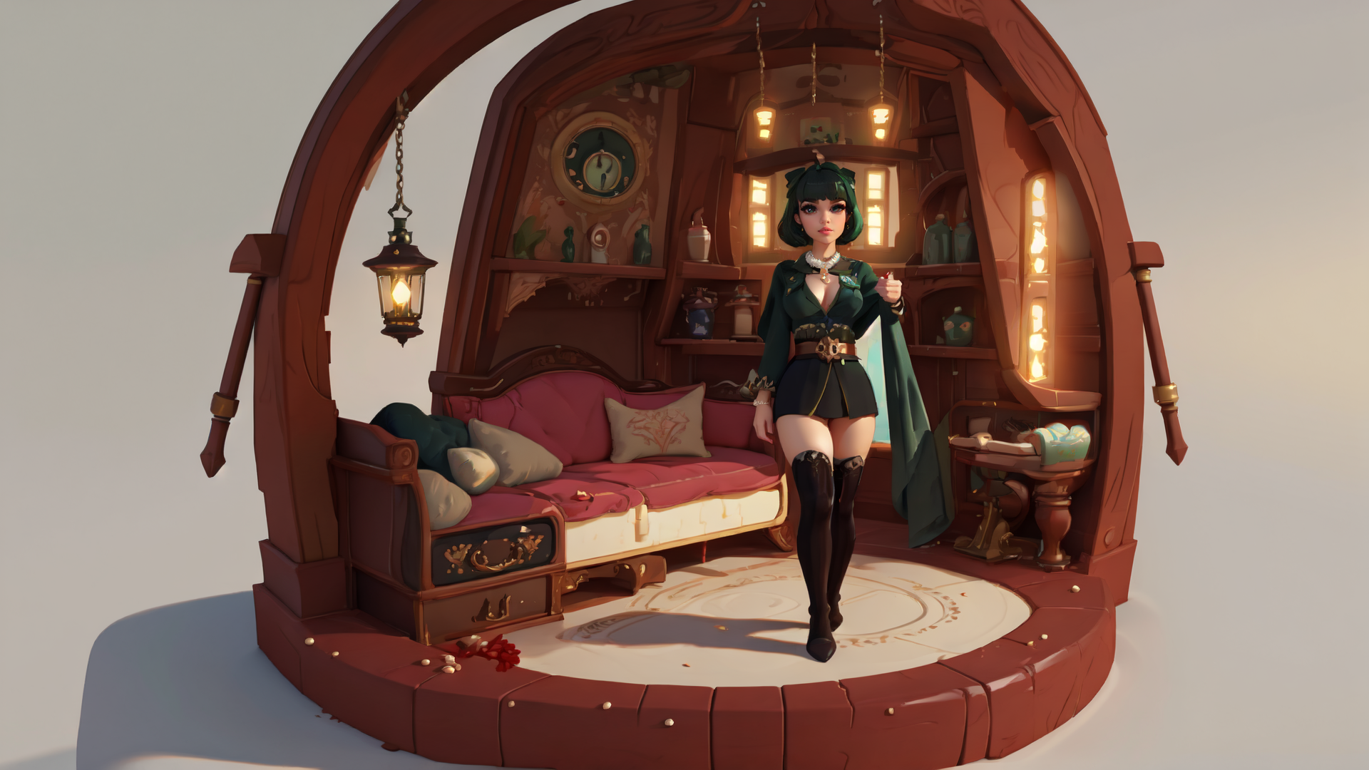 AI generated wallpaper featuring woman, cottage, sofa