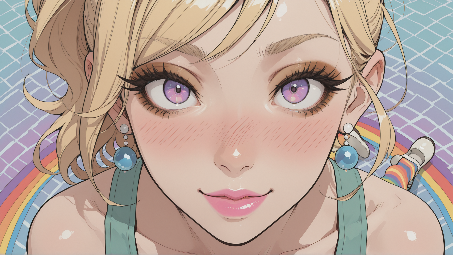 AI generated wallpaper featuring woman, blonde, ears, earrings, rainbow, swimwear