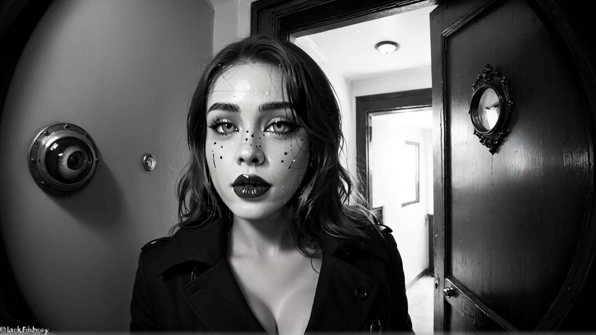 AI generated wallpaper featuring woman, door, mirror, camera, coat, room, wall, eye, hair, dots