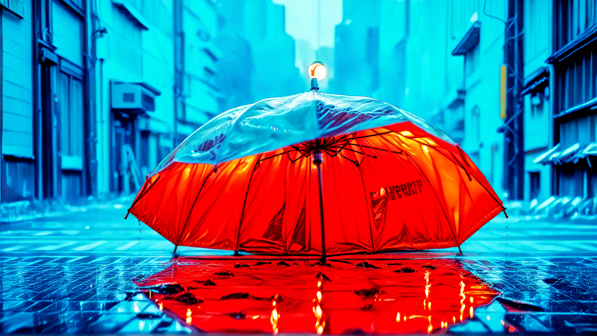 AI generated wallpaper featuring umbrella, street, rain