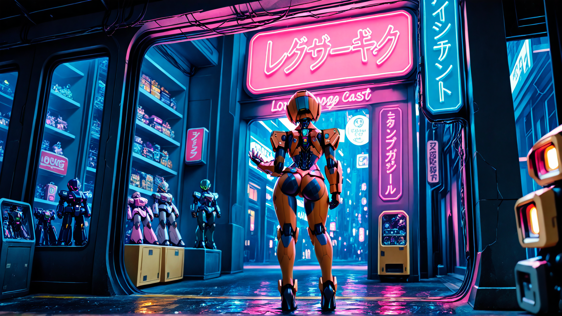 AI generated wallpaper featuring robot, neon, store