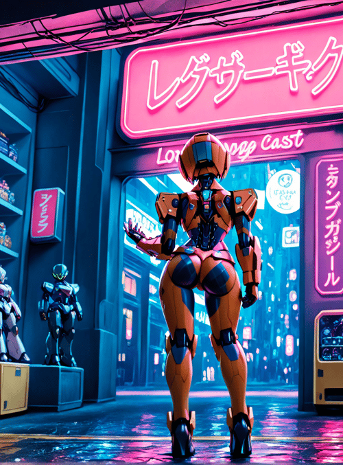 robot, neon, store