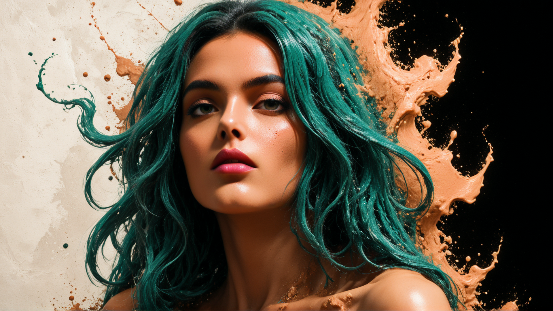 AI generated wallpaper featuring woman, hair, paint, splatter, background