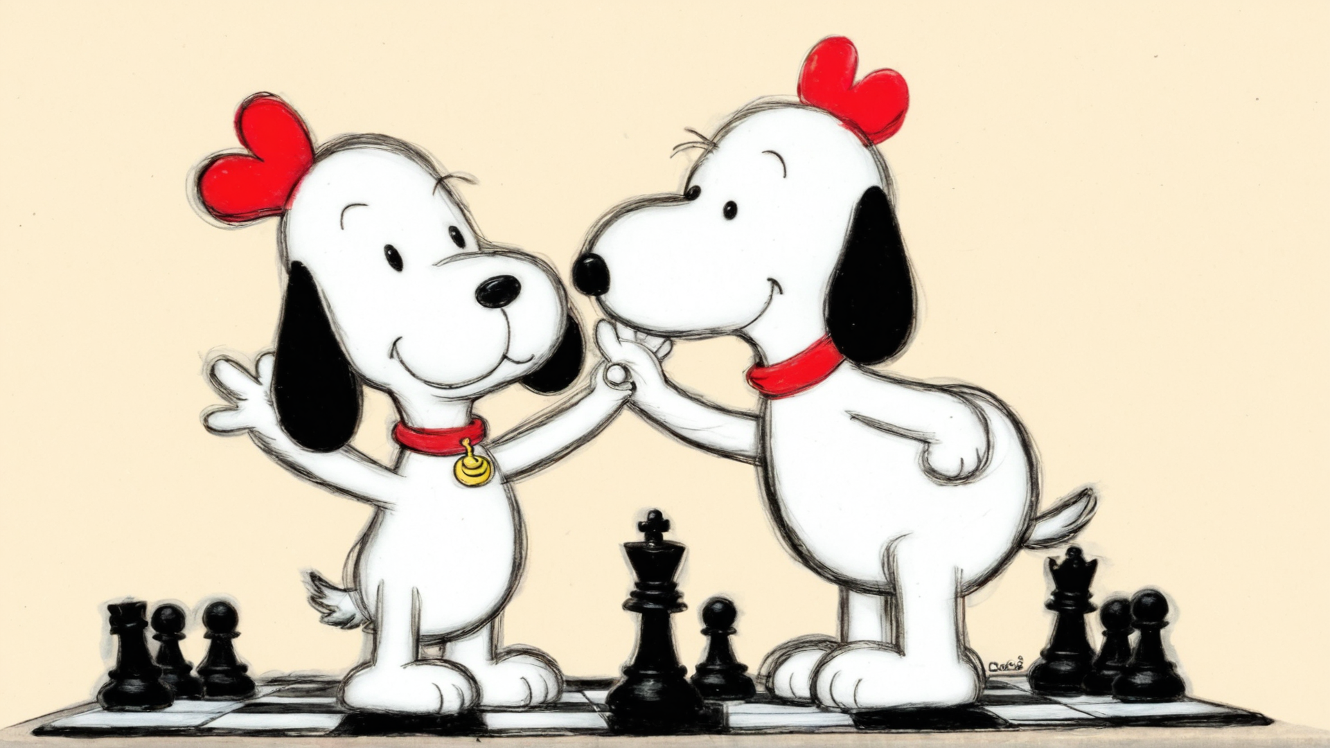 AI generated wallpaper featuring snoopy, dogs, chess