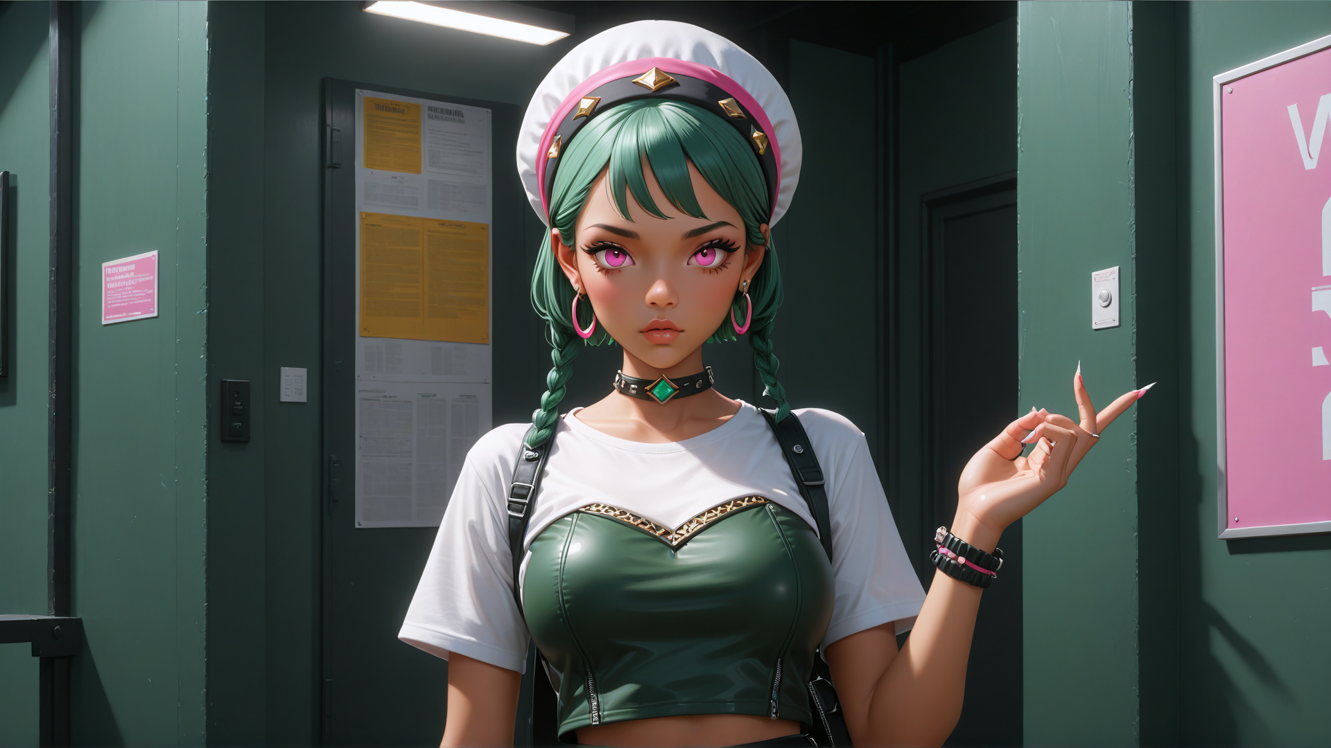 AI generated wallpaper featuring girl, chef, anime, braid, choker, hand, door, poster, ring, watch