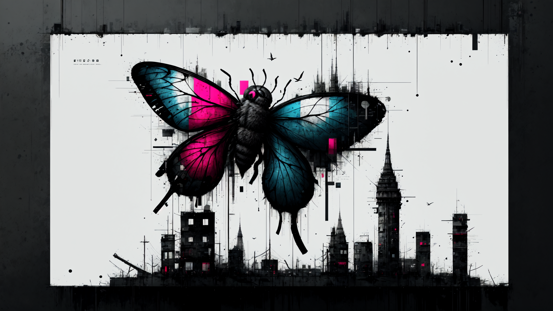 AI generated wallpaper featuring butterfly, cityscape, building