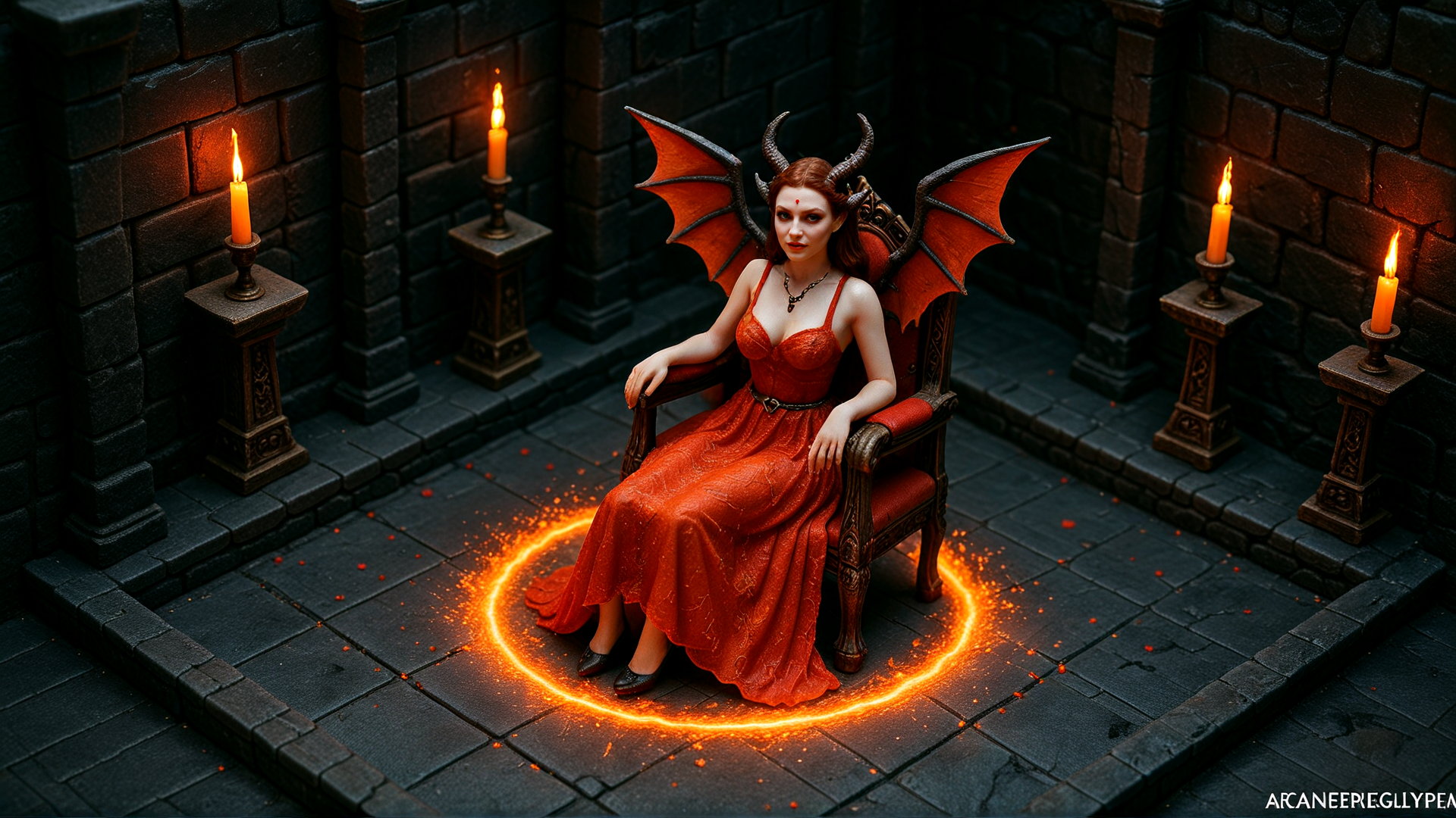 AI generated wallpaper featuring woman, devil, candles, throne, dragon wings, red dress, horns, circle