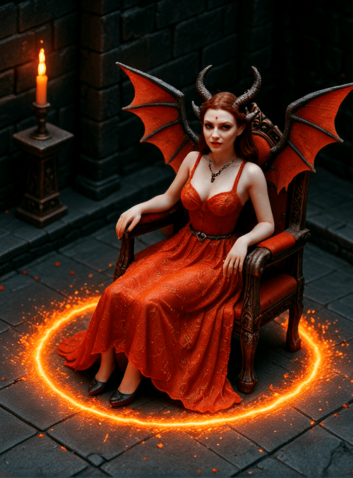 woman, devil, candles, throne, dragon wings, red dress, horns, circle